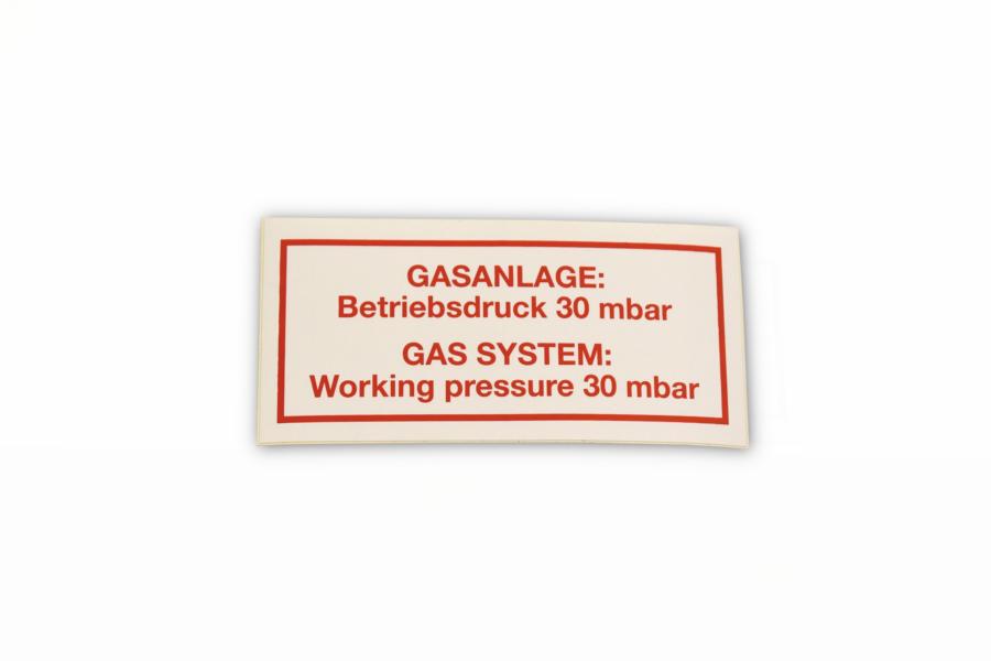 Aufkleber "Gasanlage: Betriebsdruck 30 mbar"