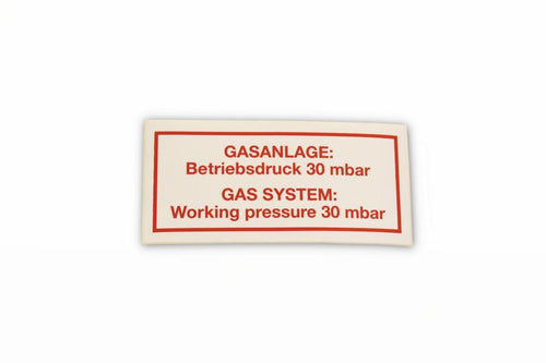Aufkleber "Gasanlage: Betriebsdruck 30 mbar"